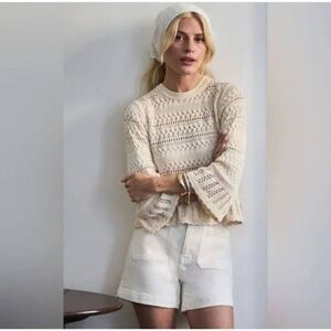 Madewell Crochet Knit Sweater XS Cream Open Weave Bell Sleeve Top Boho Feminine